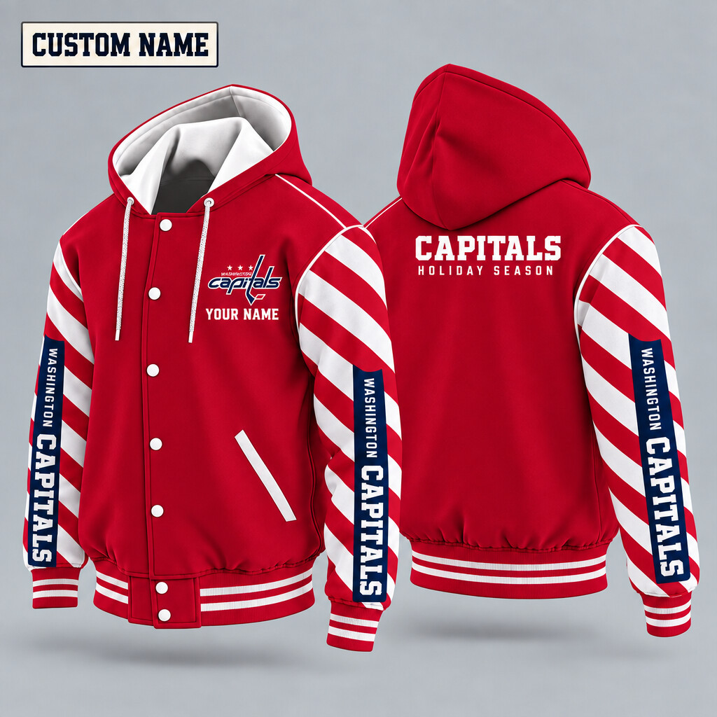 Washington Capitals Candy Cane Christmas Hooded Letterman Jacket Custom Name PSMQEV