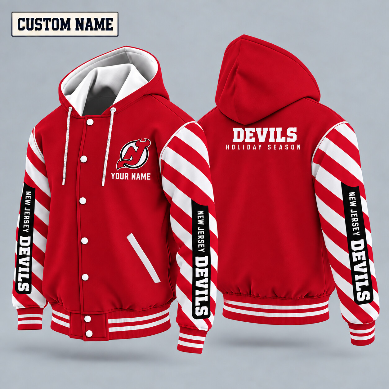 New Jersey Devils Candy Cane Christmas Hooded Letterman Jacket Custom Name PN50QI