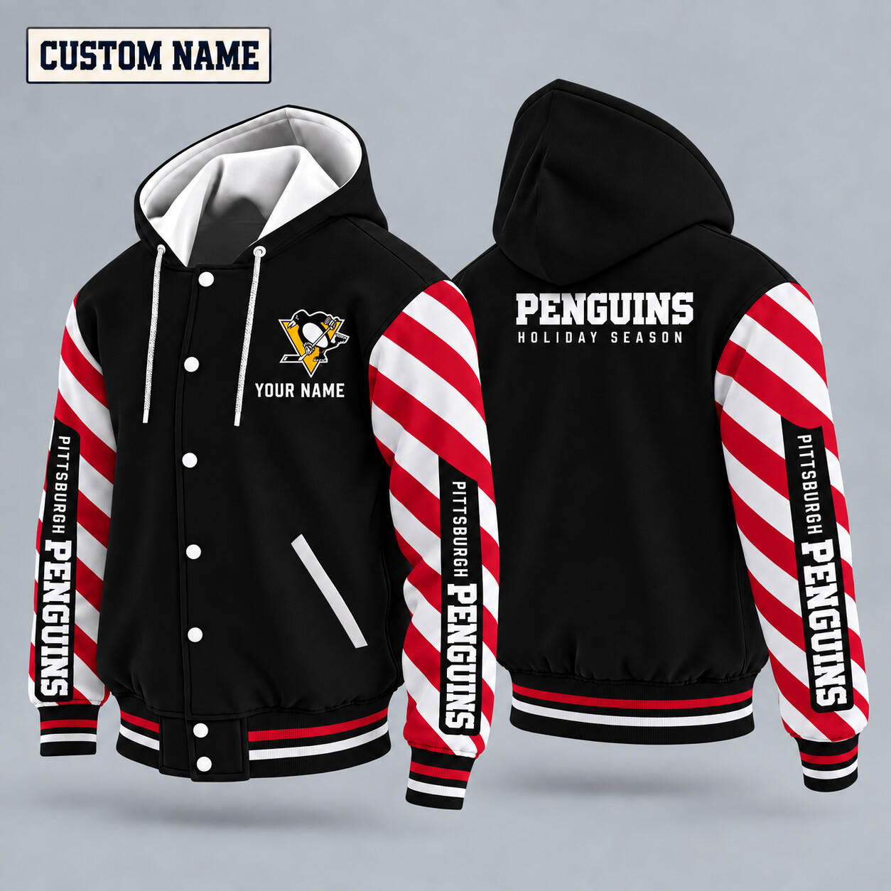Pittsburgh Penguins Candy Cane Christmas Hooded Letterman Jacket Custom Name P3Y4M8