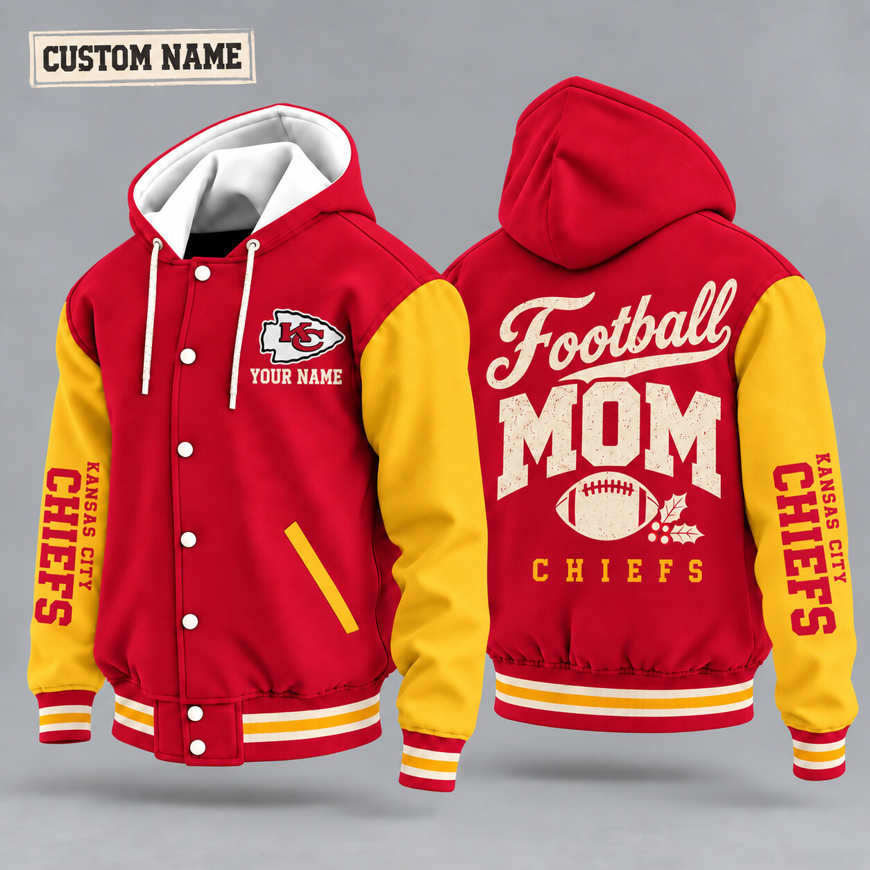 Kansas City Chiefs Football Mom Christmas Hooded Letterman Jacket Custom Name PURWCB