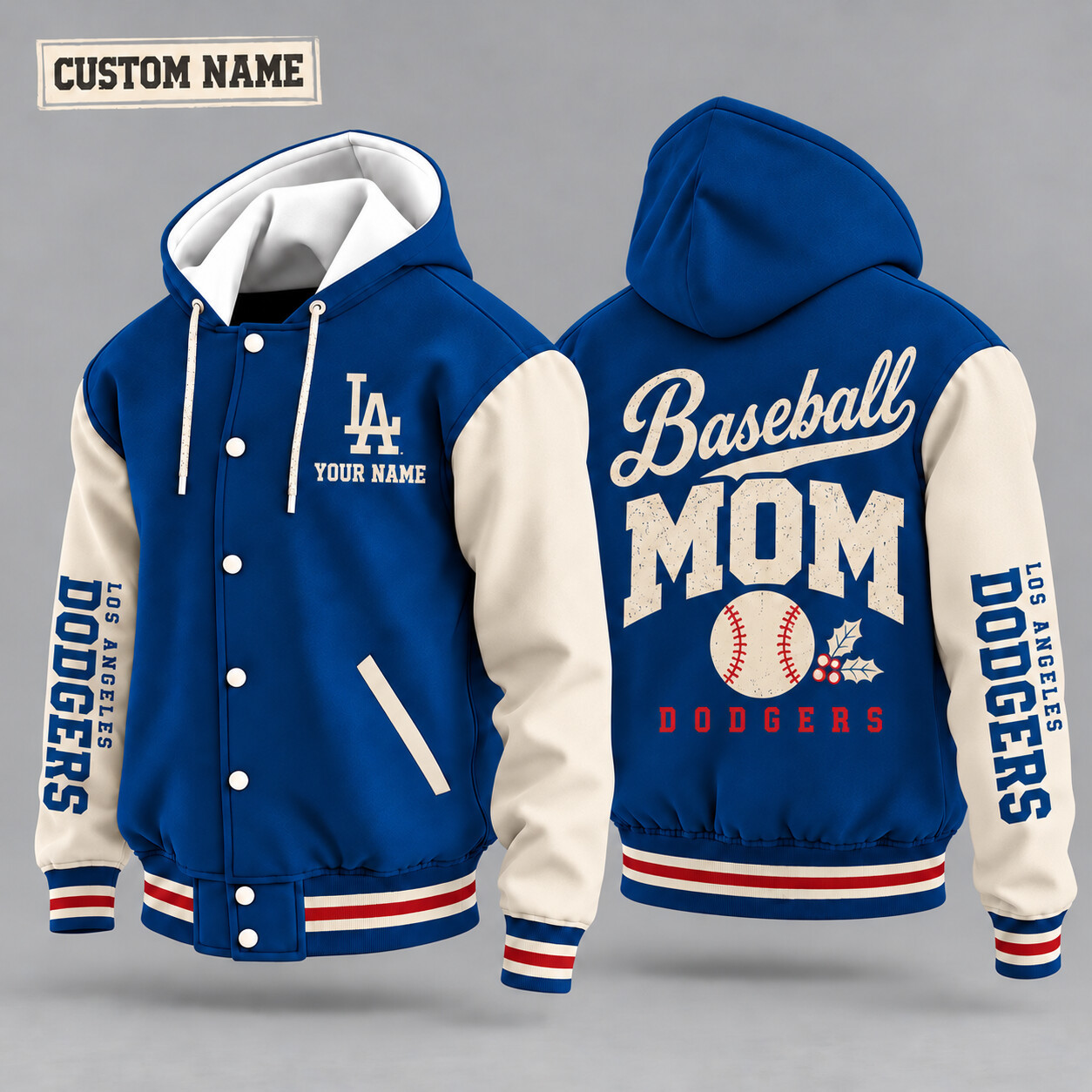 Los Angeles Dodgers Baseball Mom Christmas Hooded Letterman Jacket Custom Name PHVRT3