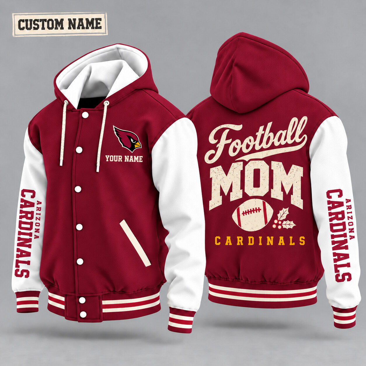Arizona Cardinals Football Mom Christmas Hooded Letterman Jacket Custom Name P7XVEL