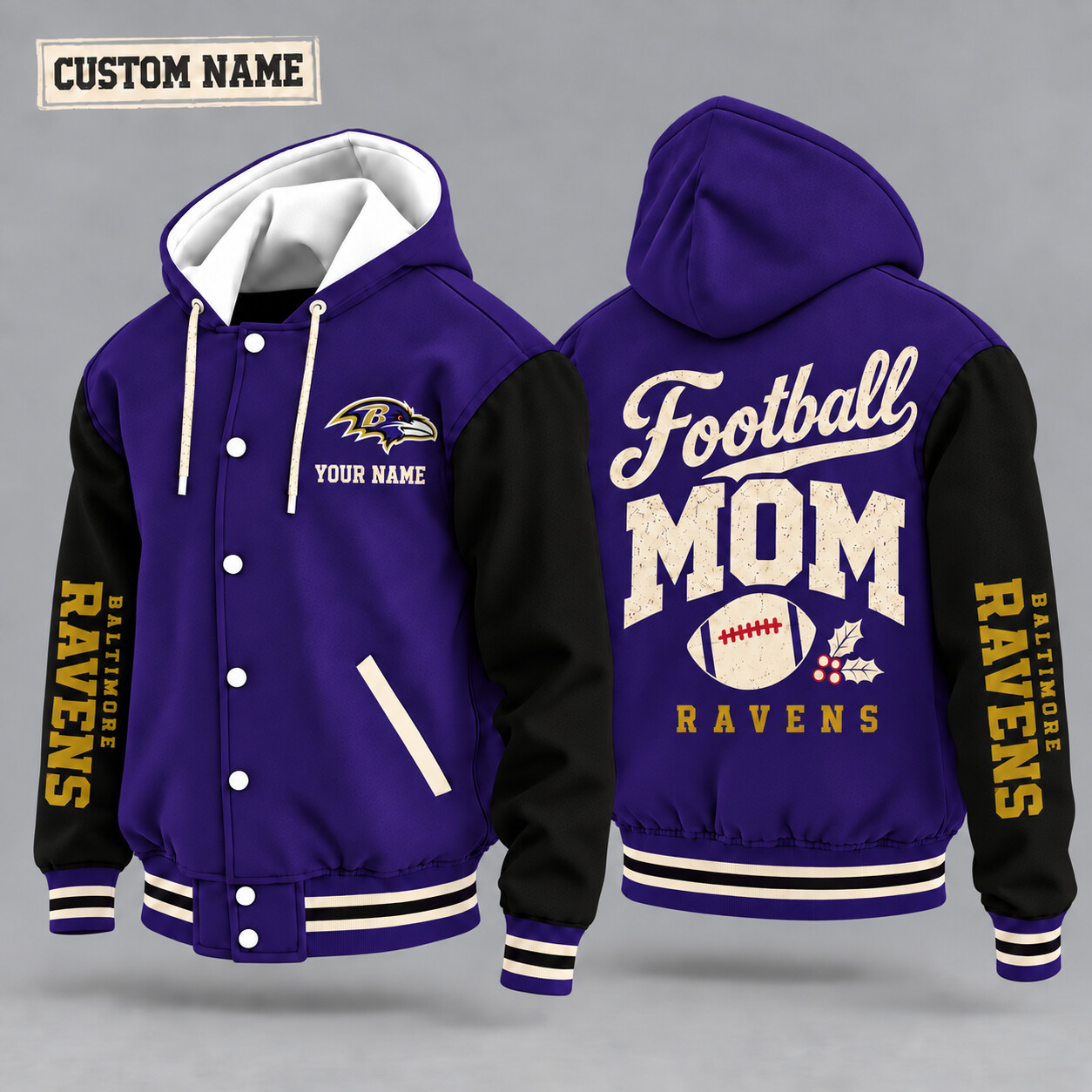 Baltimore Ravens Football Mom Christmas Hooded Letterman Jacket Custom Name PRF0TU