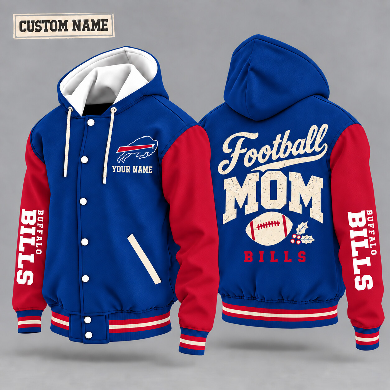 Buffalo Bills Football Mom Christmas Hooded Letterman Jacket Custom Name PG4EQV