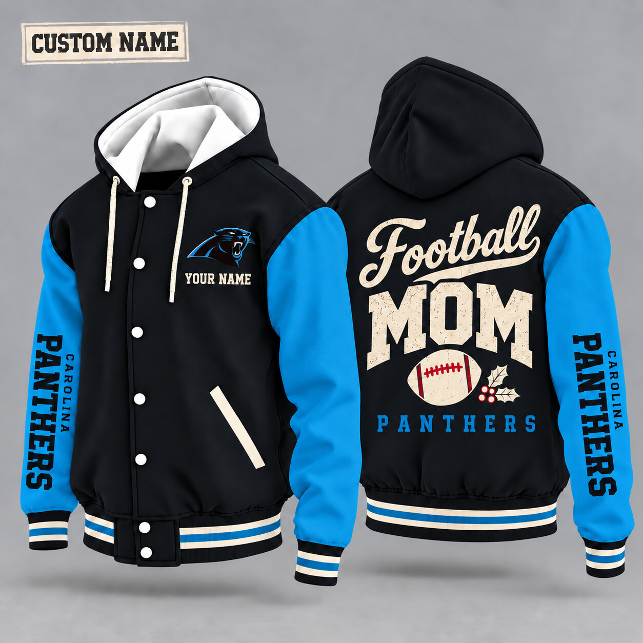 Carolina Panthers Football Mom Christmas Hooded Letterman Jacket Custom Name PKW0WS