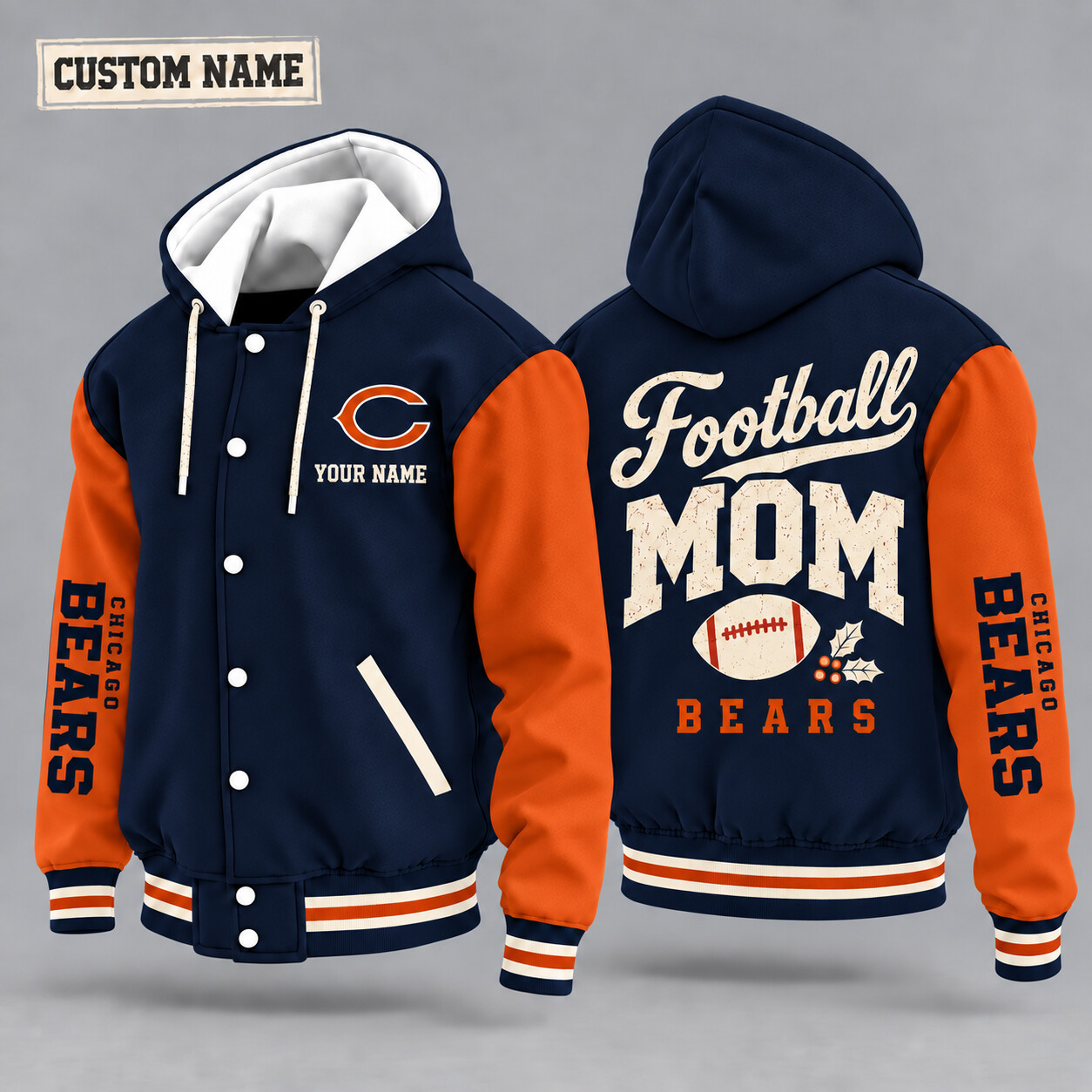 Chicago Bears Football Mom Christmas Hooded Letterman Jacket Custom Name PLEQ8B