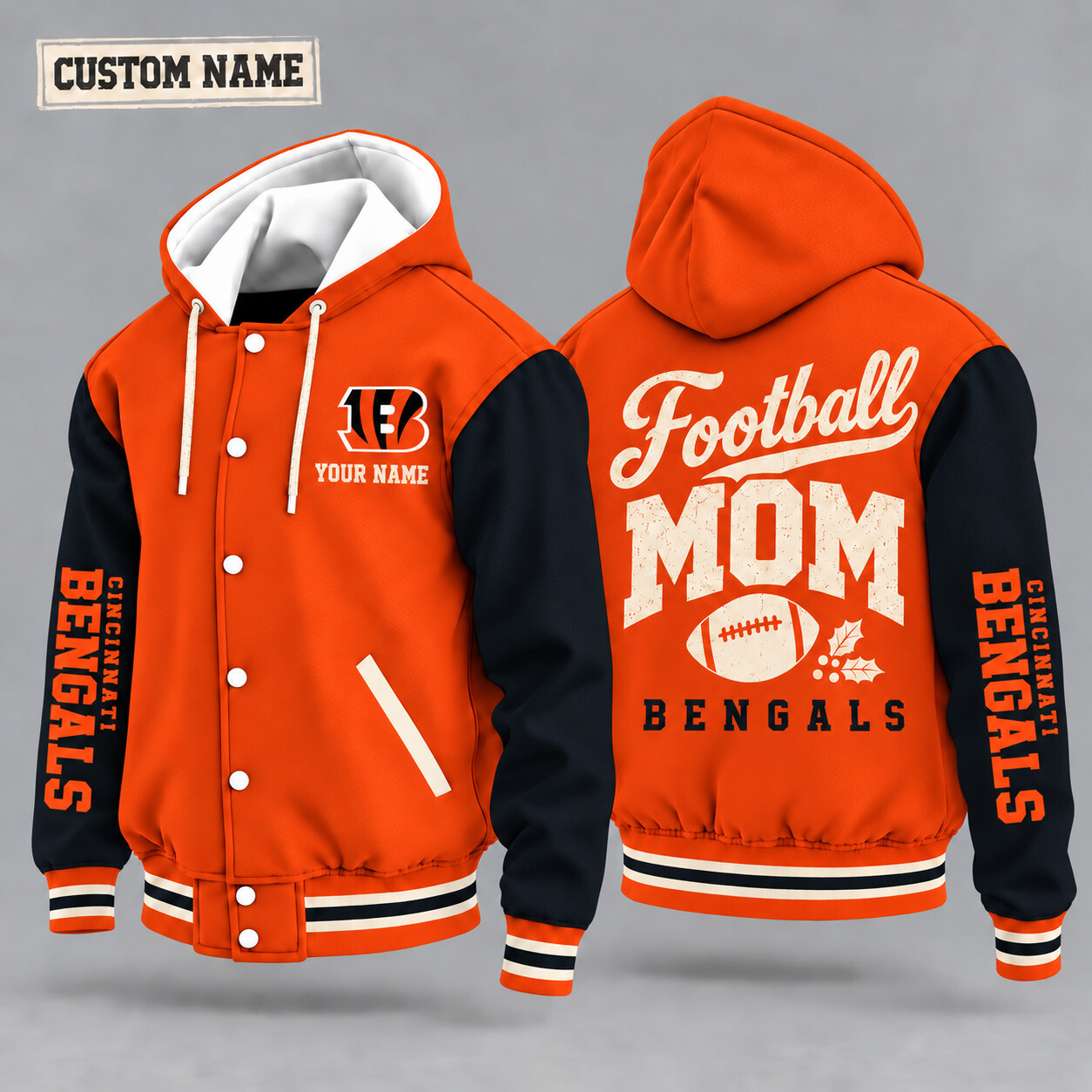 Cincinnati Bengals Football Mom Christmas Hooded Letterman Jacket Custom Name PKT714