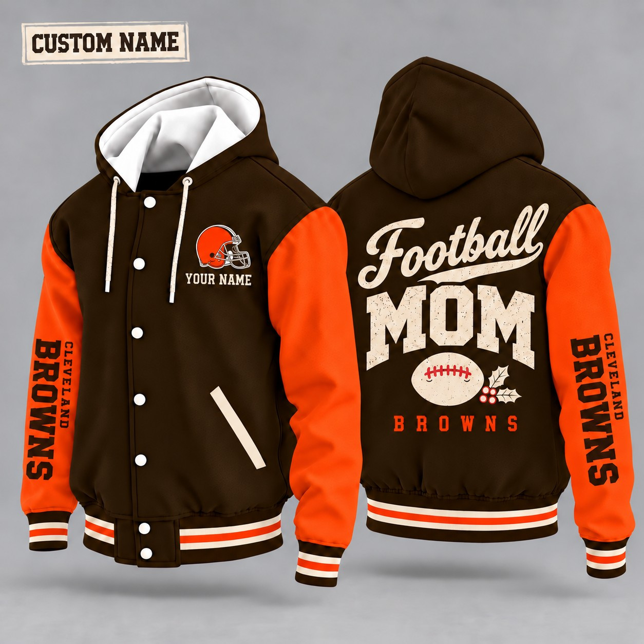 Cleveland Browns Football Mom Christmas Hooded Letterman Jacket Custom Name PRBA7Z
