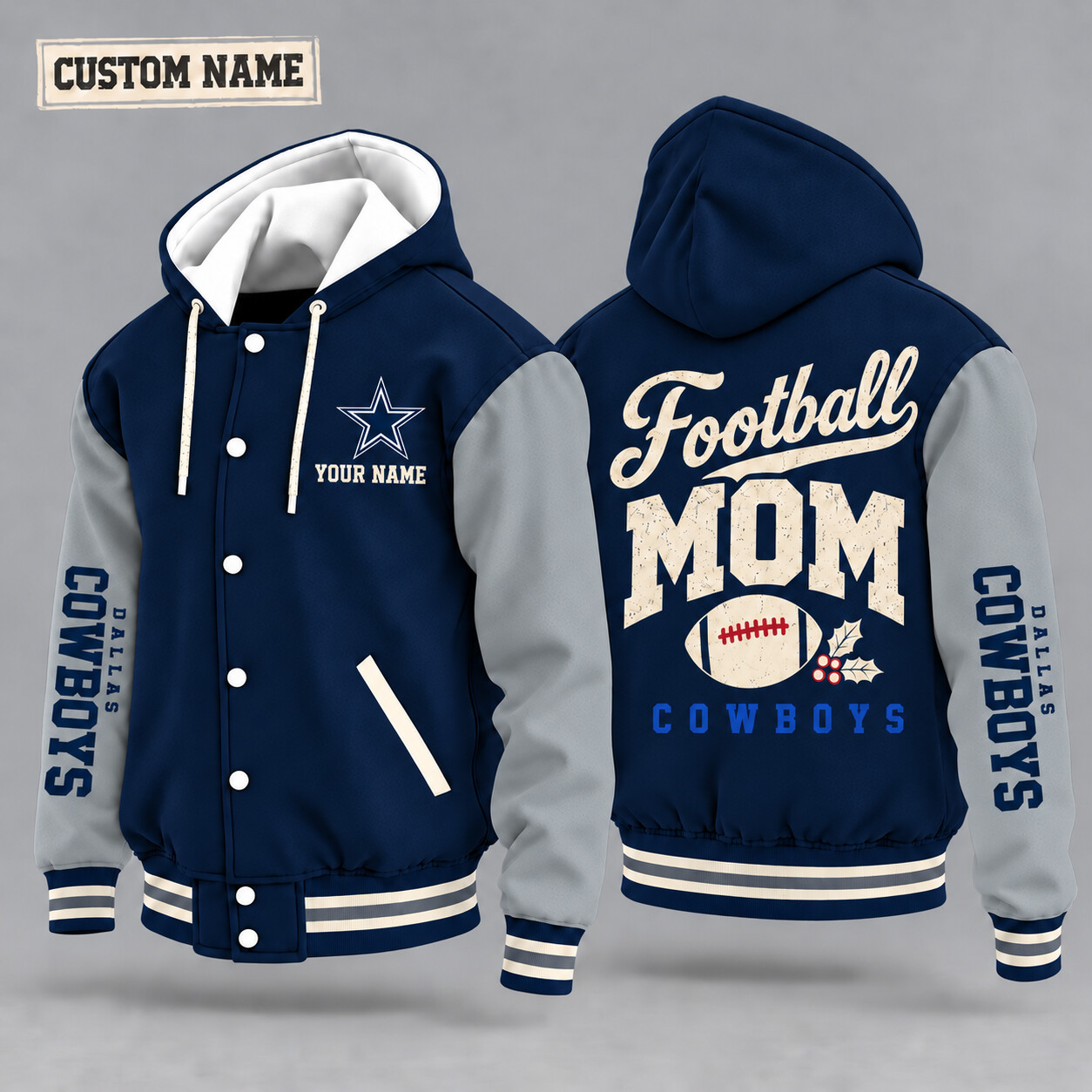 Dallas Cowboys Football Mom Christmas Hooded Letterman Jacket Custom Name POUU6Y