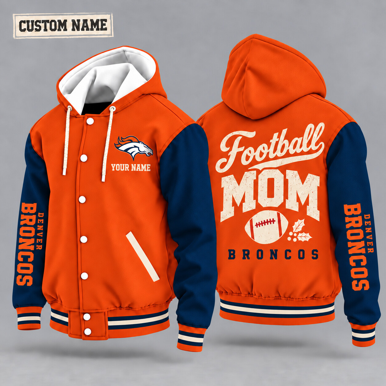 Denver Broncos Football Mom Christmas Hooded Letterman Jacket Custom Name PWSIMP
