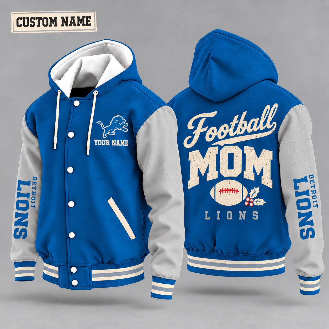 Detroit Lions Football Mom Christmas Hooded Letterman Jacket Custom Name P5GOWD