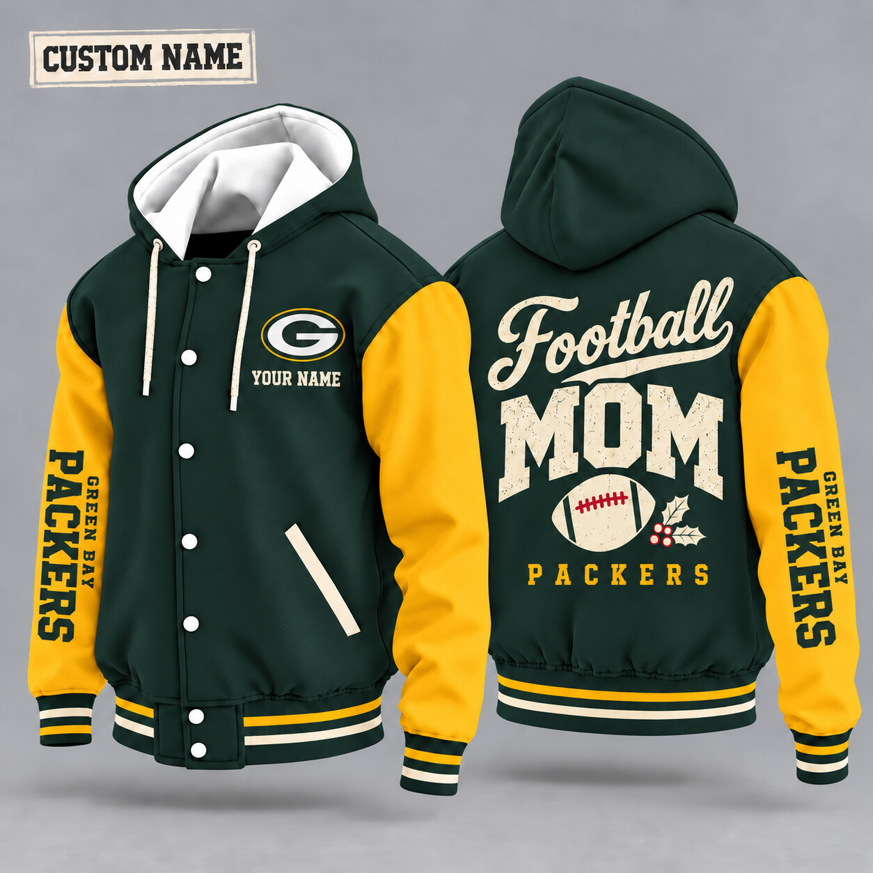 Green Bay Packers Football Mom Christmas Hooded Letterman Jacket Custom Name PHNI63