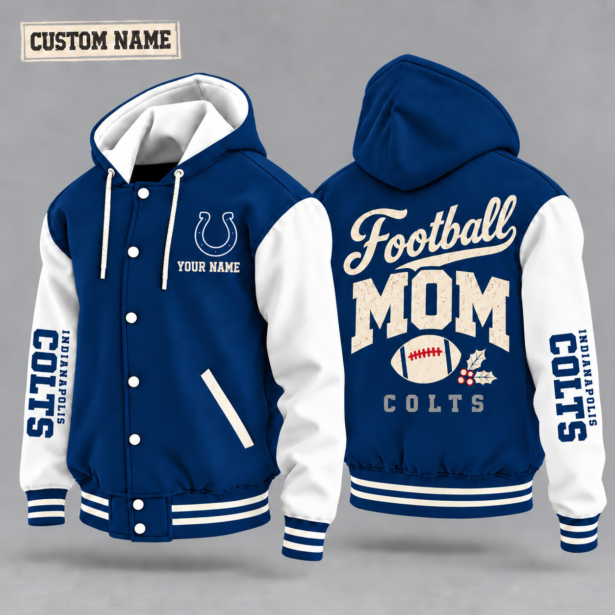 Indianapolis Colts Football Mom Christmas Hooded Letterman Jacket Custom Name P6FBU9