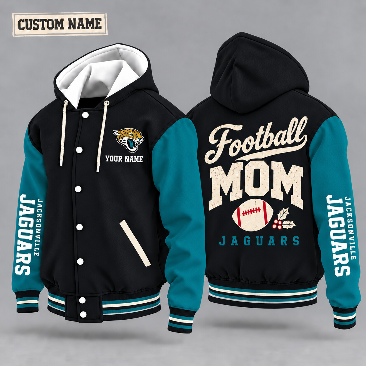 Jacksonville Jaguars Football Mom Christmas Hooded Letterman Jacket Custom Name P9X2WI