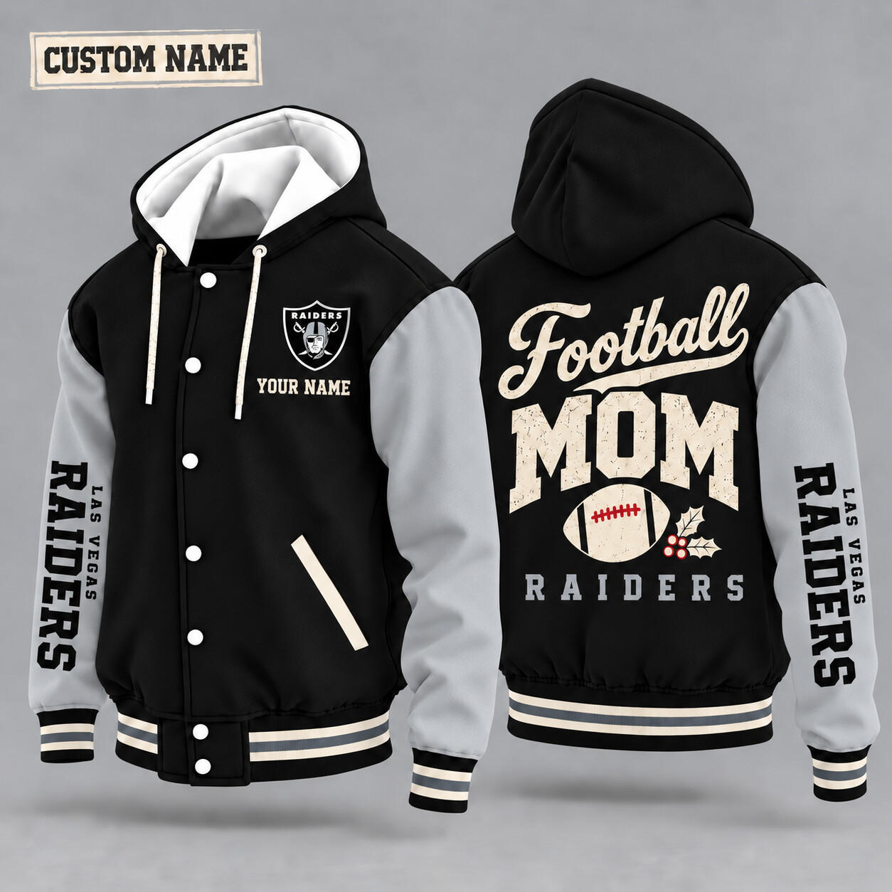 Las Vegas Raiders Football Mom Christmas Hooded Letterman Jacket Custom Name P793LC