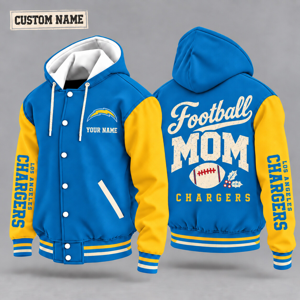Los Angeles Chargers Football Mom Christmas Hooded Letterman Jacket Custom Name PUPN65