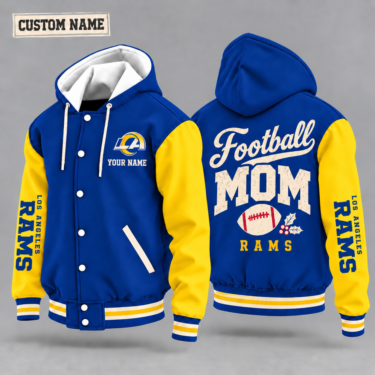Los Angeles Rams Football Mom Christmas Hooded Letterman Jacket Custom Name PZU7JU