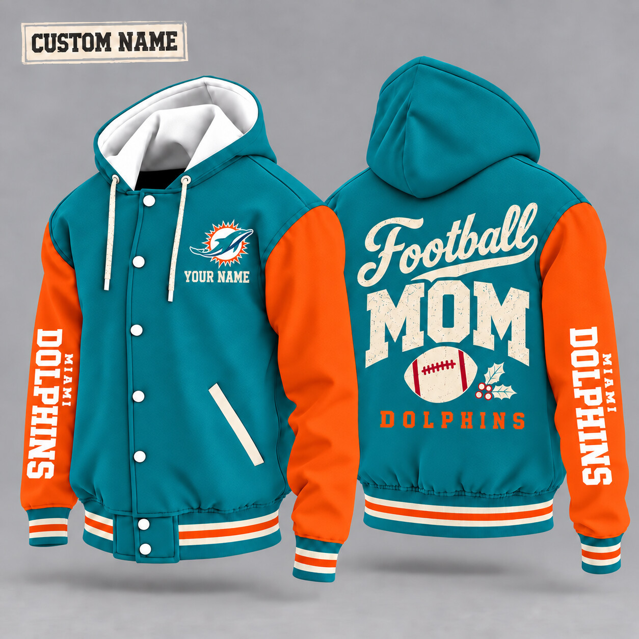 Miami Dolphins Football Mom Christmas Hooded Letterman Jacket Custom Name PDZ2EO