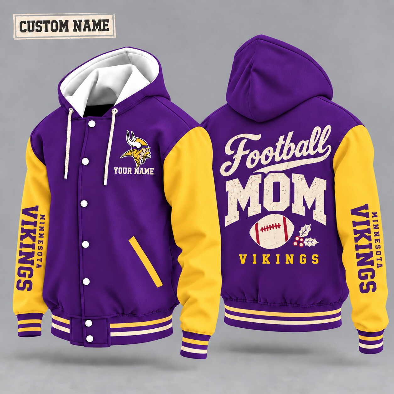 Minnesota Vikings Football Mom Christmas Hooded Letterman Jacket Custom Name PSZFAL