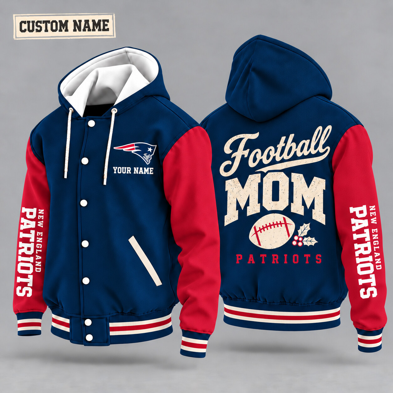 New England Patriots Football Mom Christmas Hooded Letterman Jacket Custom Name PBT1RJ