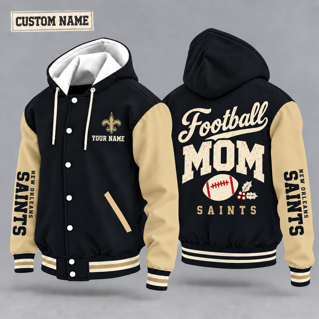 New Orleans Saints Football Mom Christmas Hooded Letterman Jacket Custom Name P9H4WR