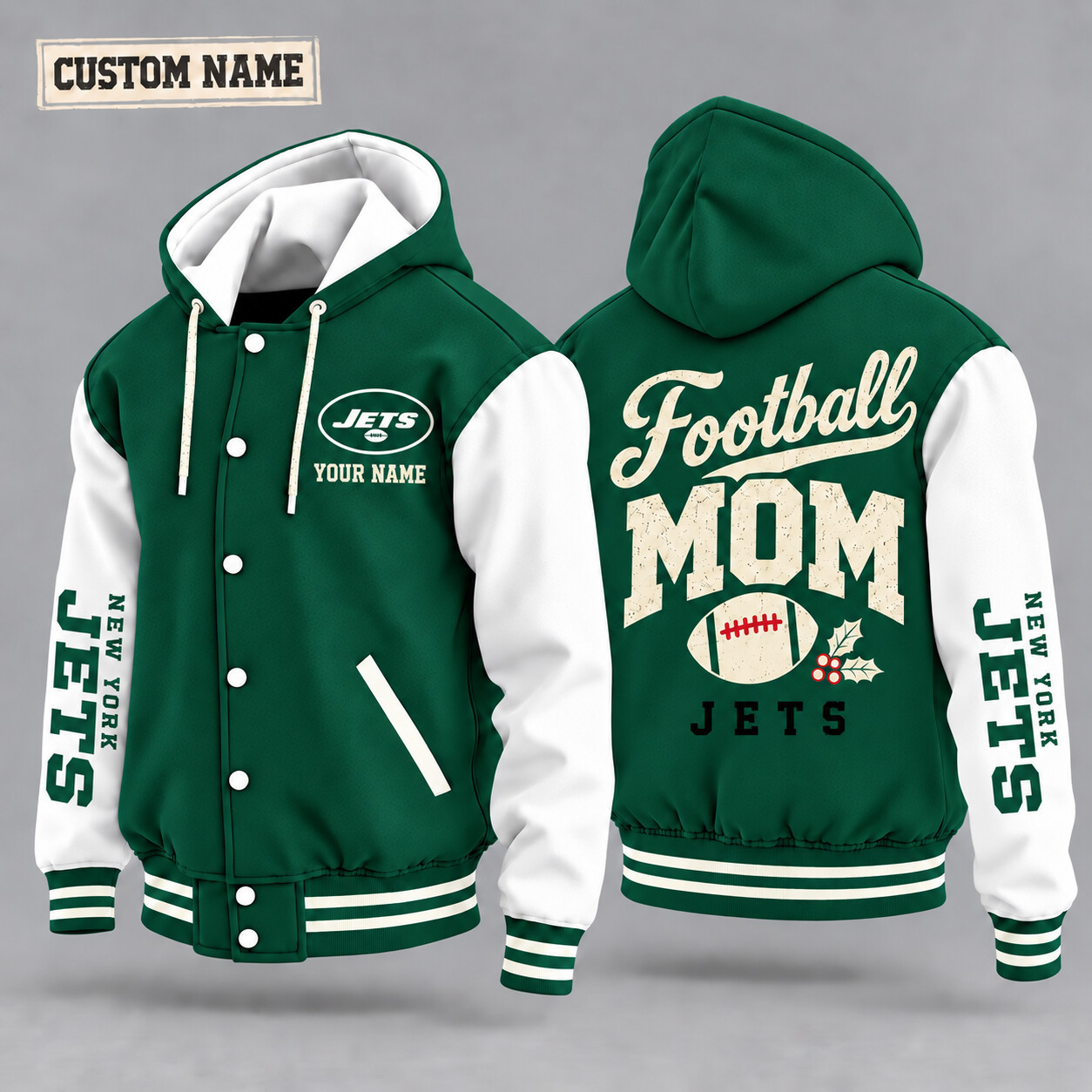 New York Jets Football Mom Christmas Hooded Letterman Jacket Custom Name P5QIKM