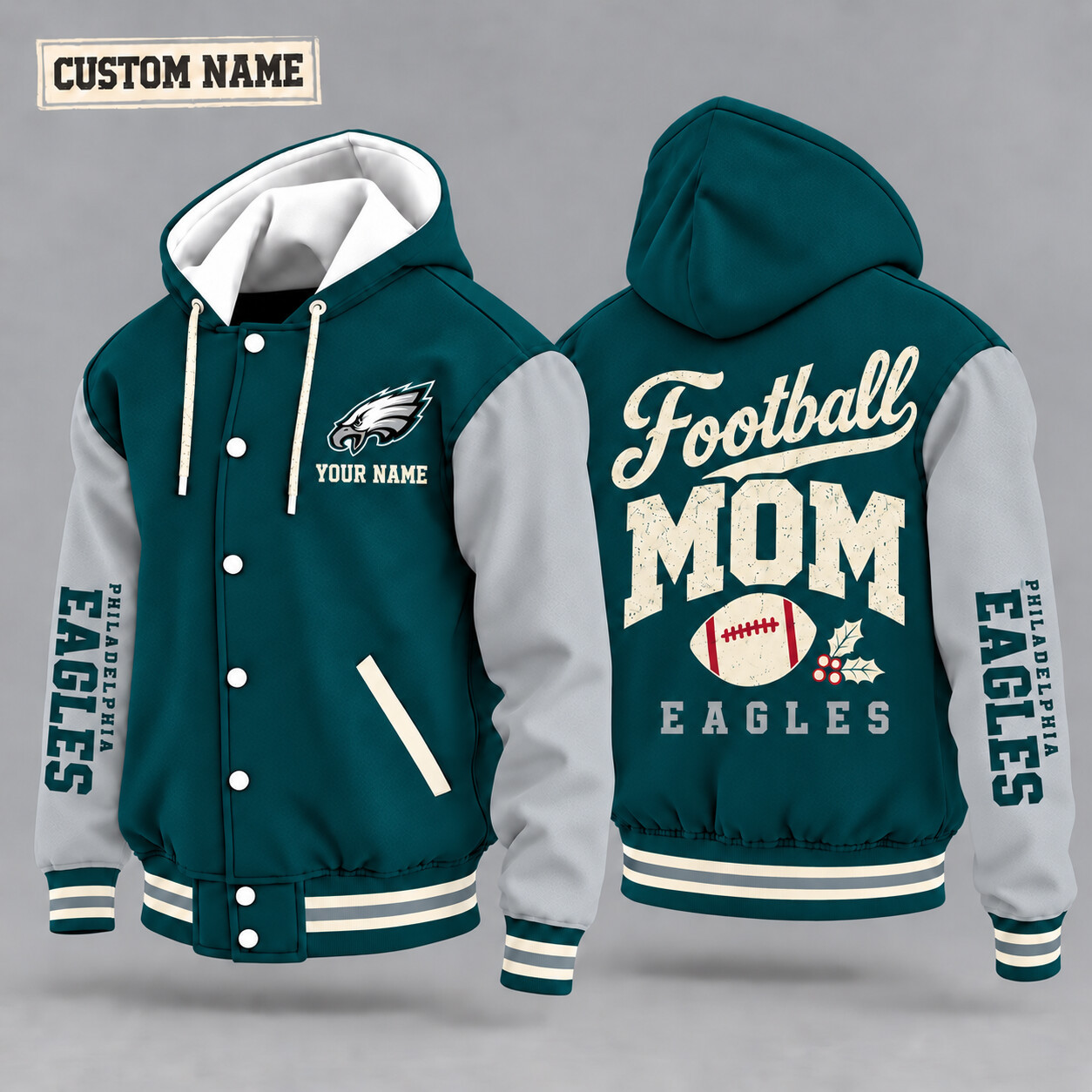 Philadelphia Eagles Football Mom Christmas Hooded Letterman Jacket Custom Name P5SSJH