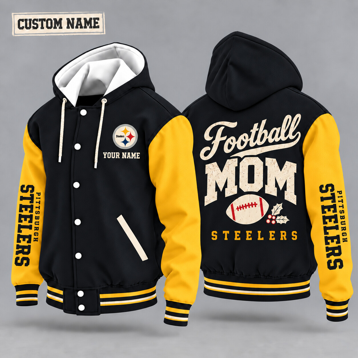 Pittsburgh Steelers Football Mom Christmas Hooded Letterman Jacket Custom Name P6DIED