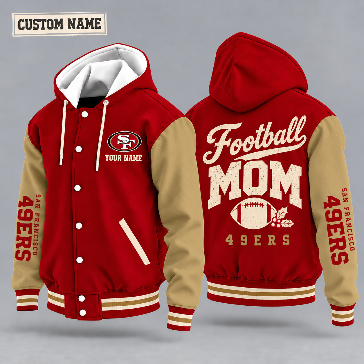 San Francisco 49ers Football Mom Christmas Hooded Letterman Jacket Custom Name PM5VS1