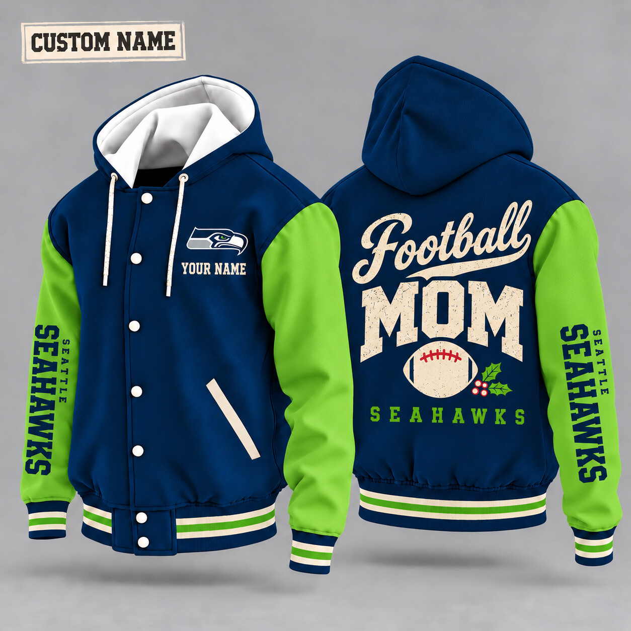 Seattle Seahawks Football Mom Christmas Hooded Letterman Jacket Custom Name PZGF1U
