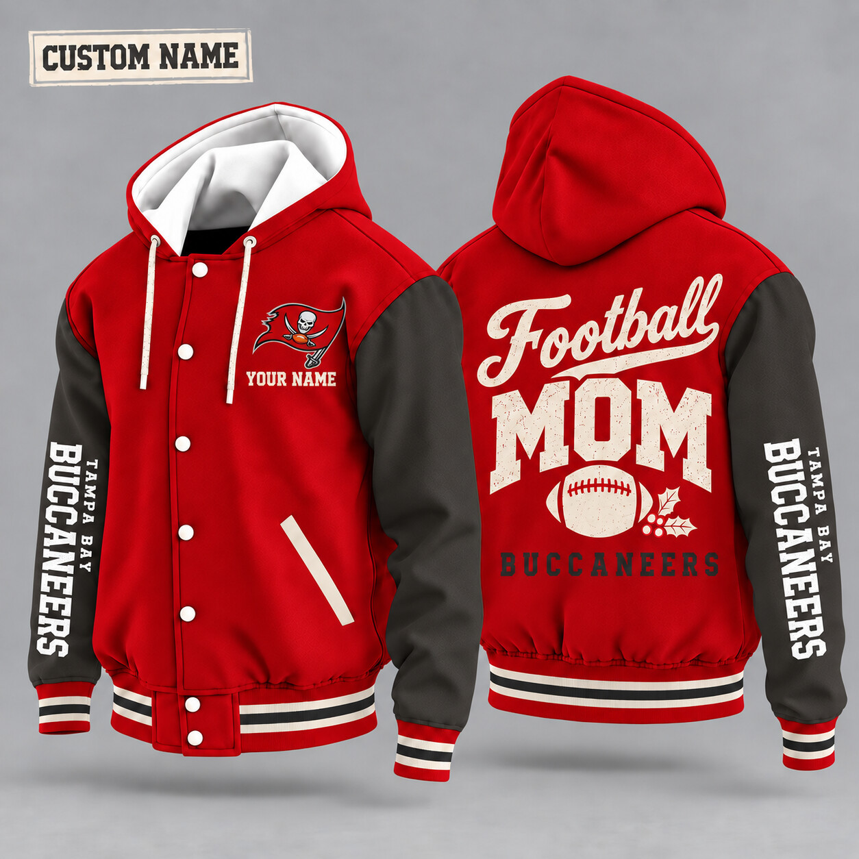 Tampa Bay Buccaneers Football Mom Christmas Hooded Letterman Jacket Custom Name P9R75H