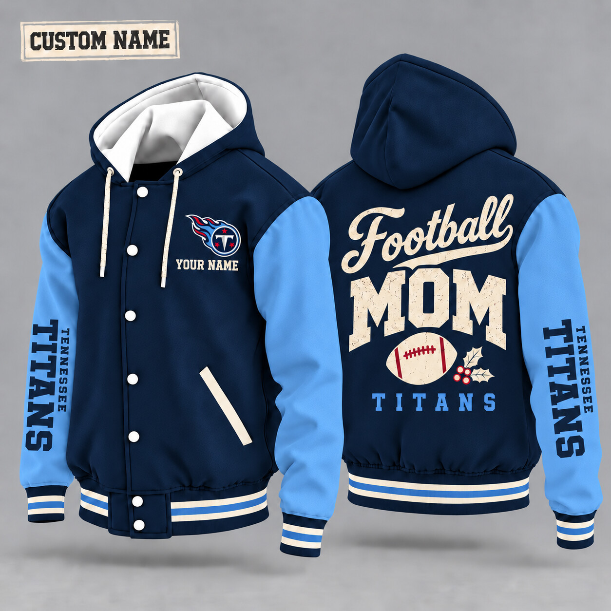 Tennessee Titans Football Mom Christmas Hooded Letterman Jacket Custom Name PDVXRO