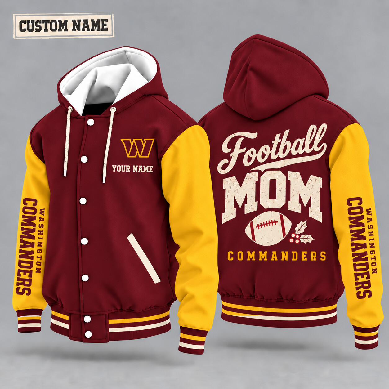Washington Commanders Football Mom Christmas Hooded Letterman Jacket Custom Name PLS3K3