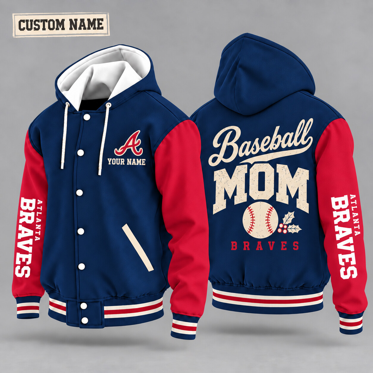 Atlanta Braves Baseball Mom Christmas Hooded Letterman Jacket Custom Name P7K50T