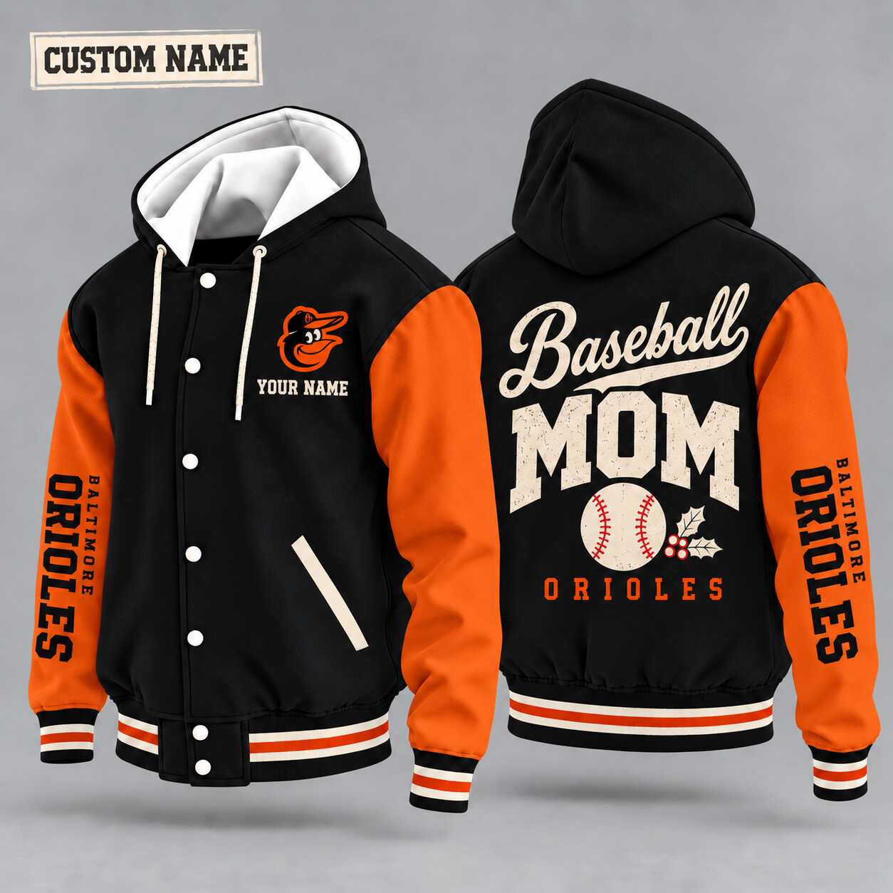 Baltimore Orioles Baseball Mom Christmas Hooded Letterman Jacket Custom Name PZ2XWV