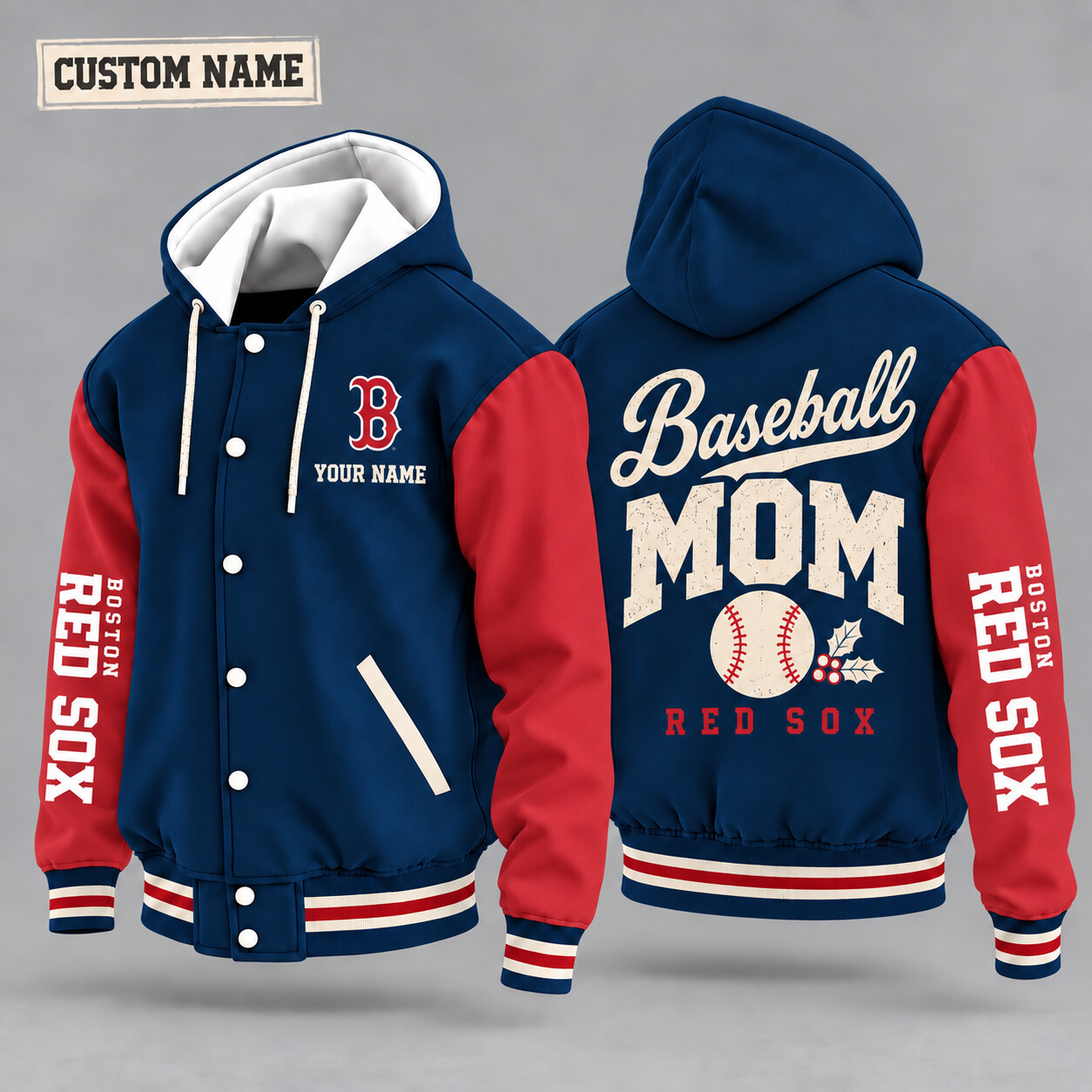 Boston Red Sox Baseball Mom Christmas Hooded Letterman Jacket Custom Name P2WVT4