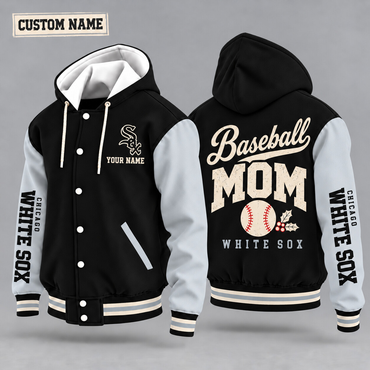 Chicago White Sox Baseball Mom Christmas Hooded Letterman Jacket Custom Name PZ51EB