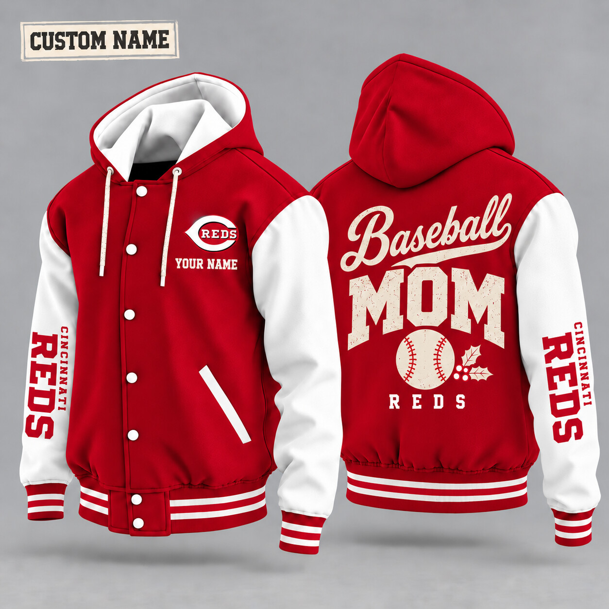 Cincinnati Reds Baseball Mom Christmas Hooded Letterman Jacket Custom Name P4CMXR