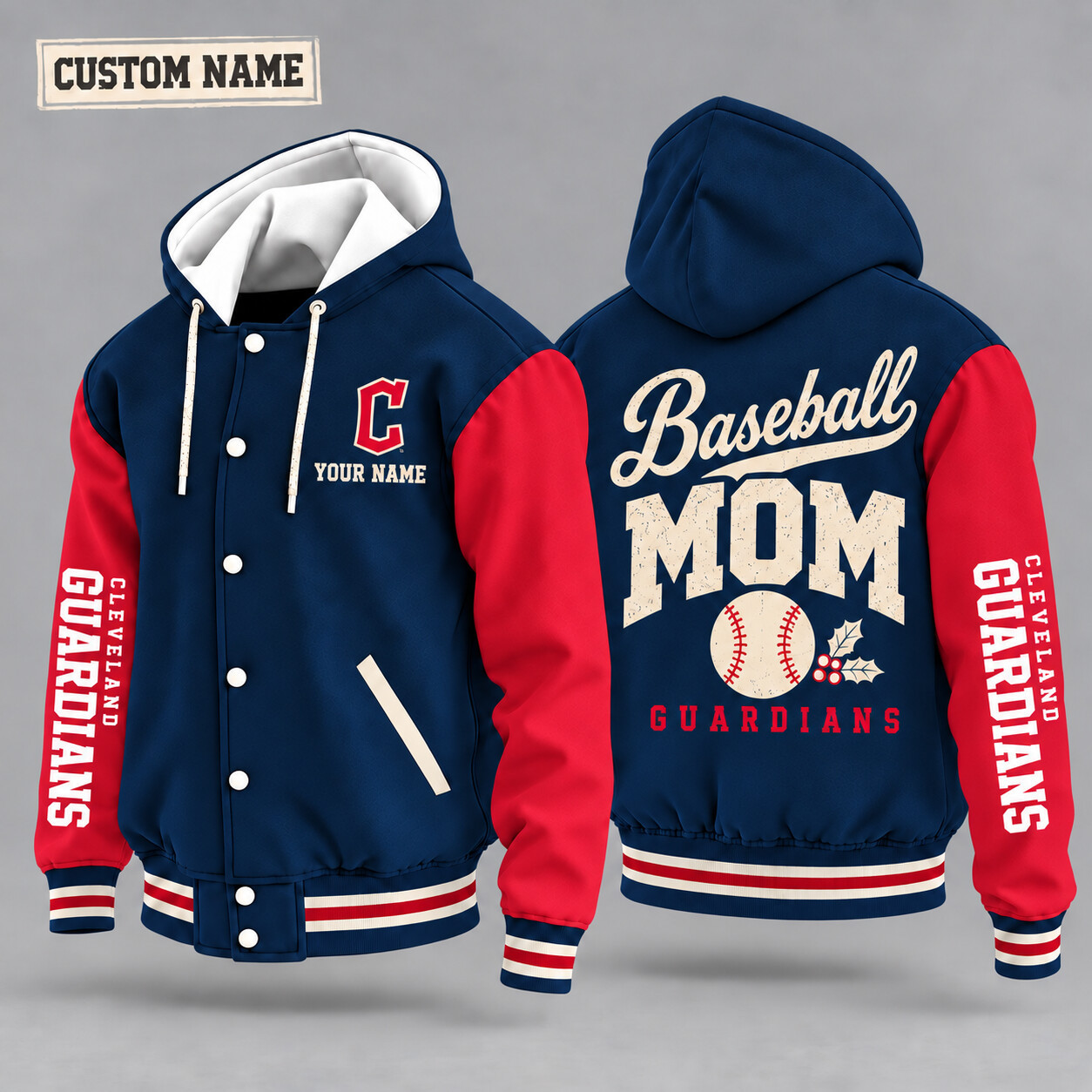 Cleveland Guardians Baseball Mom Christmas Hooded Letterman Jacket Custom Name P0NZPN