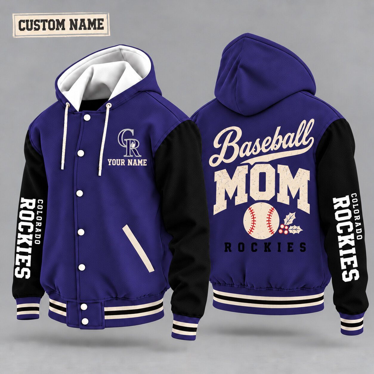 Colorado Rockies Baseball Mom Christmas Hooded Letterman Jacket Custom Name PF8F0T
