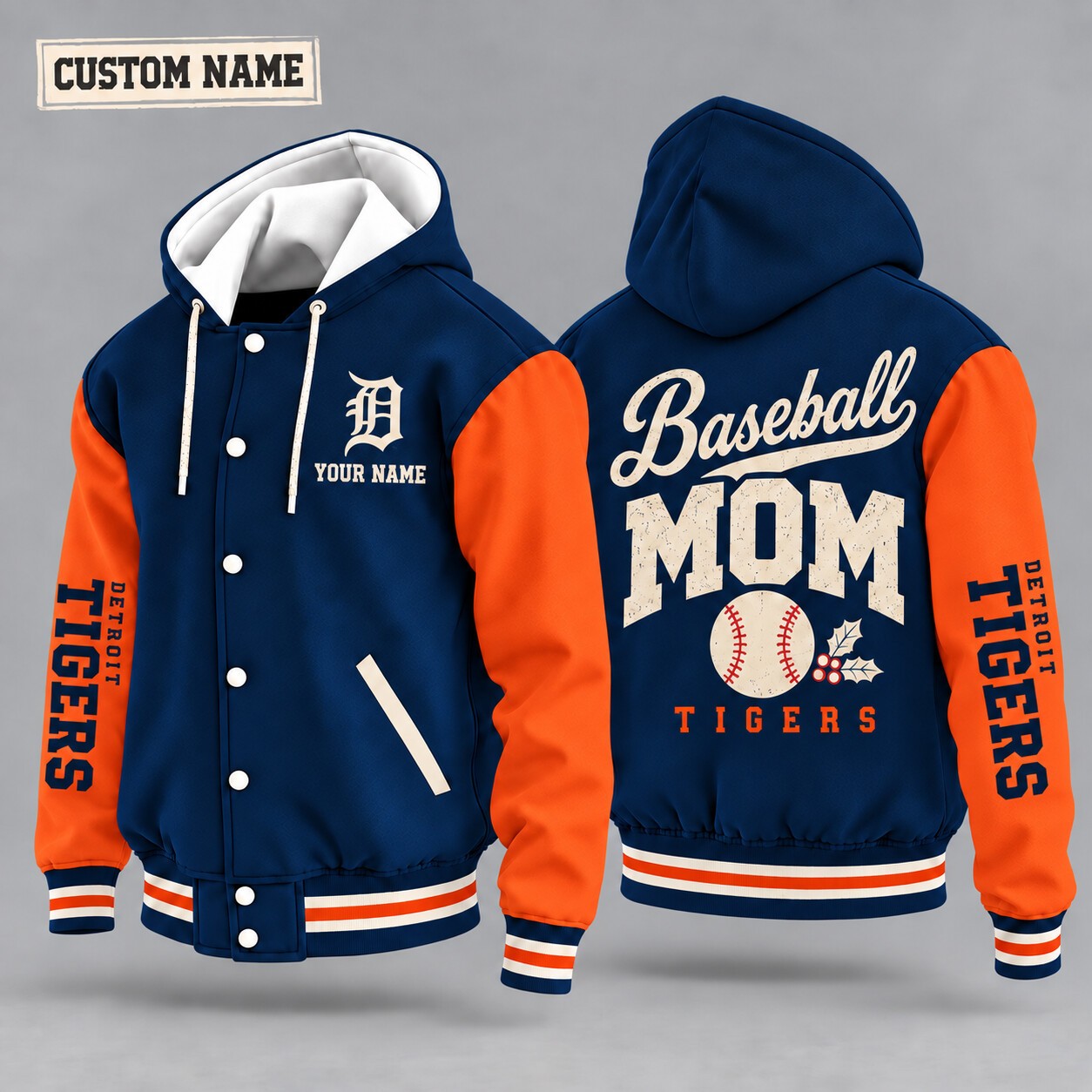 Detroit Tigers Baseball Mom Christmas Hooded Letterman Jacket Custom Name PW8VO5