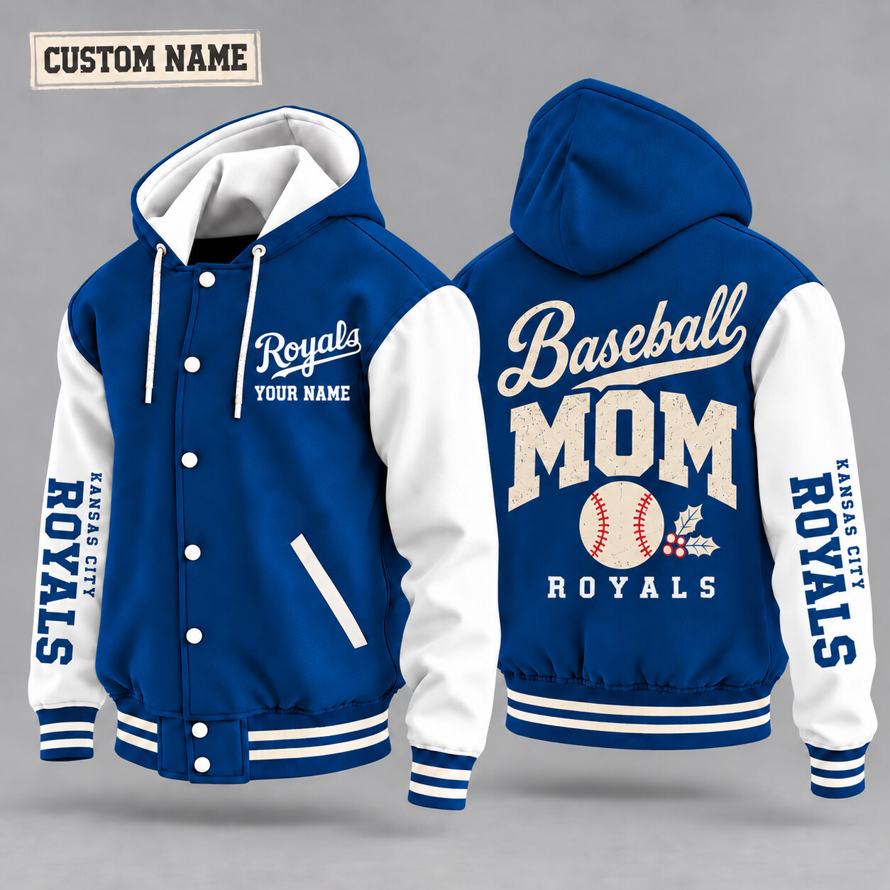 Kansas City Royals Baseball Mom Christmas Hooded Letterman Jacket Custom Name P0AYQ9