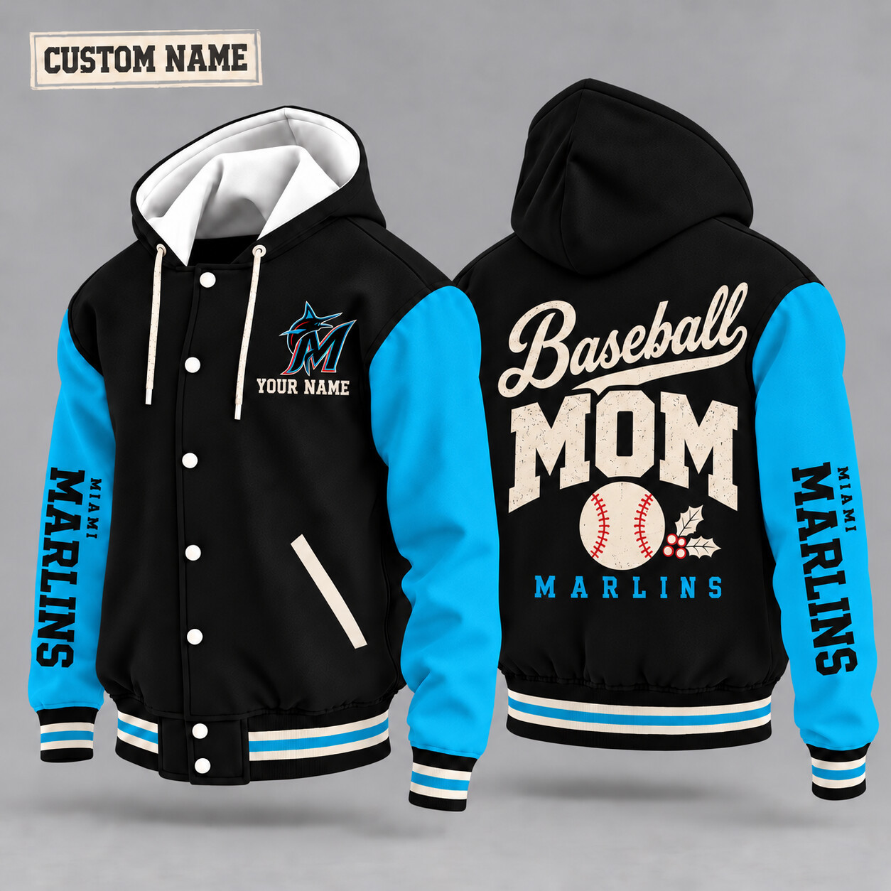 Miami Marlins Baseball Mom Christmas Hooded Letterman Jacket Custom Name PPYURH