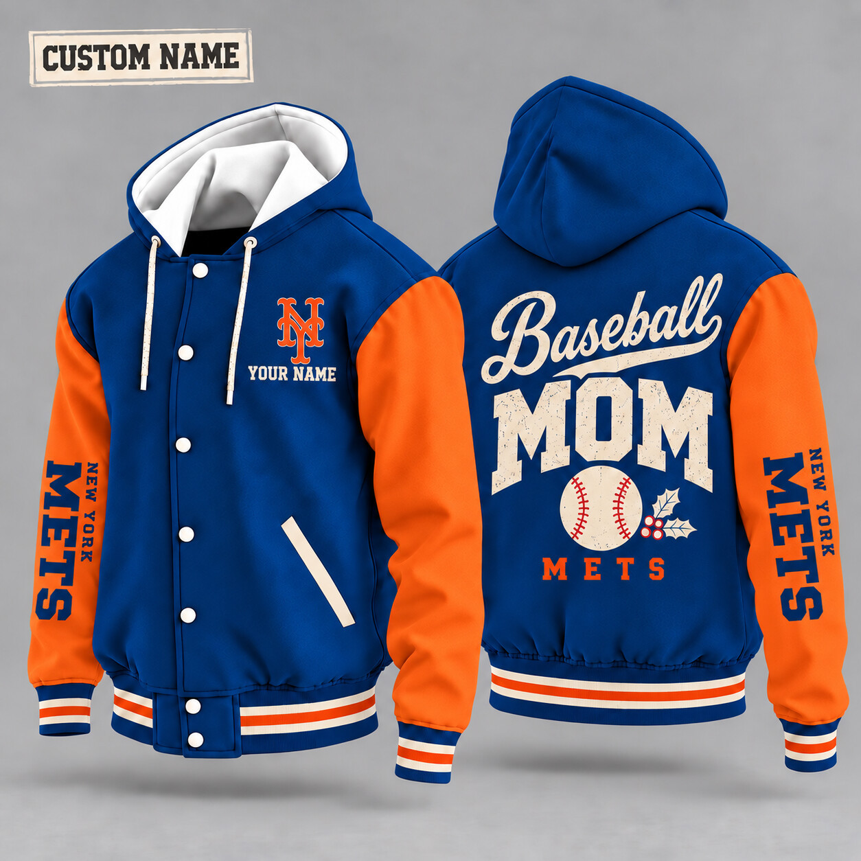 New York Mets Baseball Mom Christmas Hooded Letterman Jacket Custom Name PK1QG6