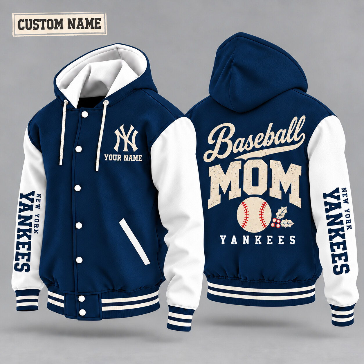 New York Yankees Baseball Mom Christmas Hooded Letterman Jacket Custom Name P04DDE