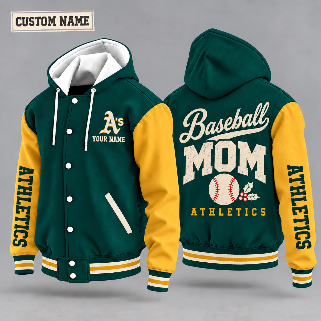 Athletics Baseball Mom Christmas Hooded Letterman Jacket Custom Name PYC6Y3