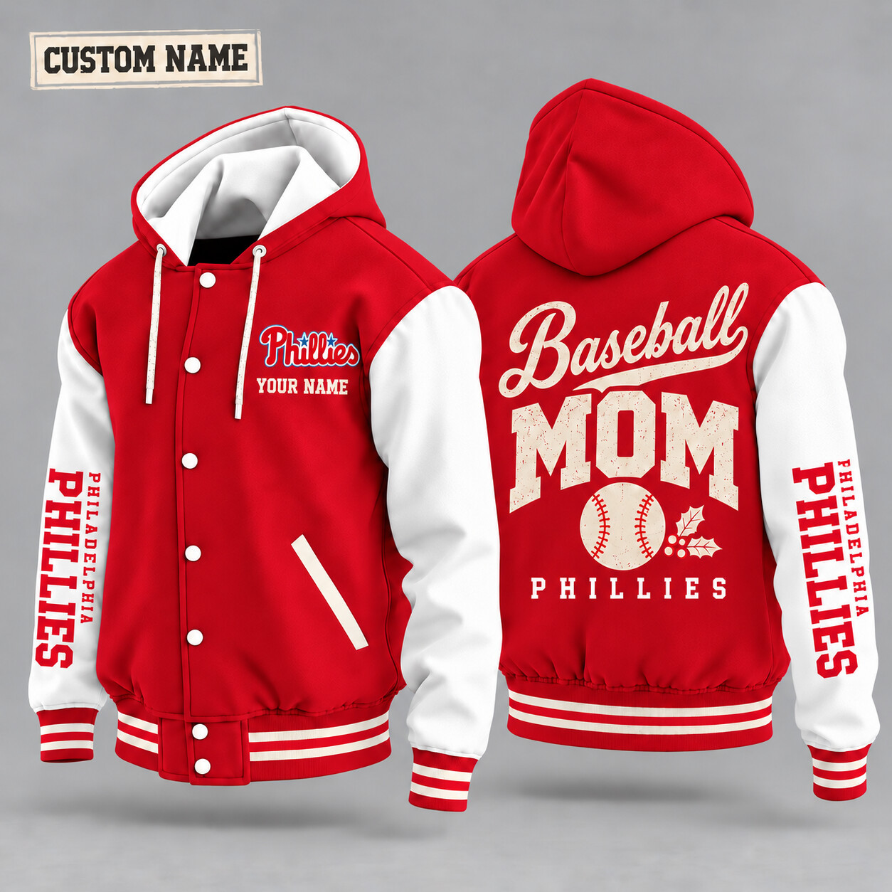 Philadelphia Phillies Baseball Mom Christmas Hooded Letterman Jacket Custom Name P2ZRE3
