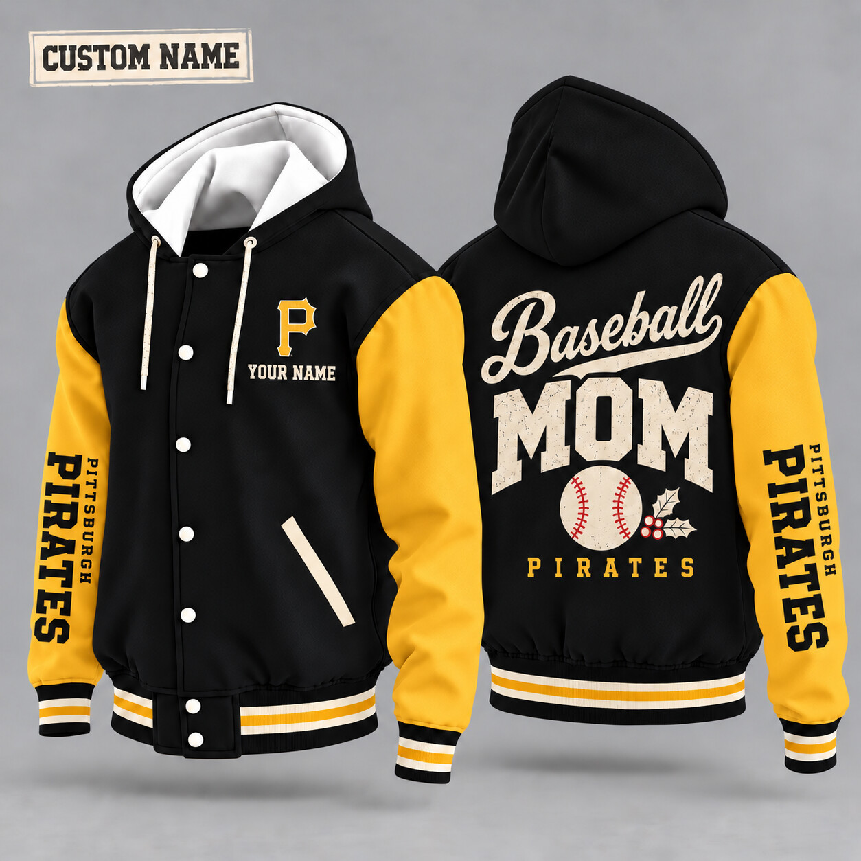 Pittsburgh Pirates Baseball Mom Christmas Hooded Letterman Jacket Custom Name P28X55