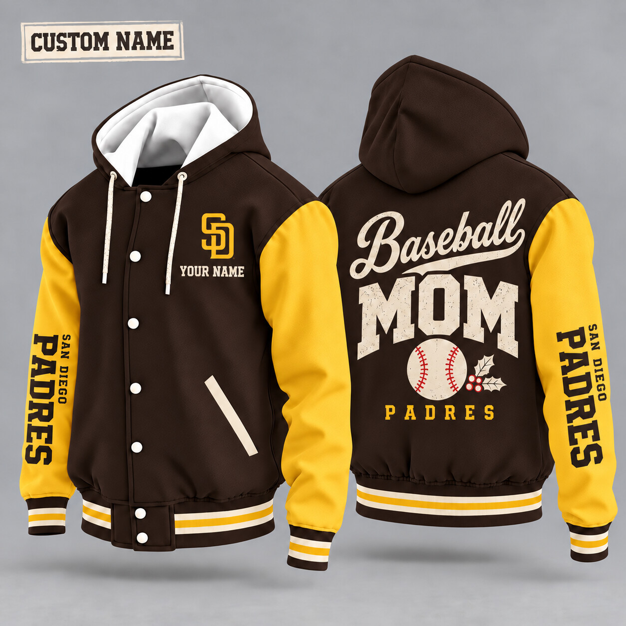 San Diego Padres Baseball Mom Christmas Hooded Letterman Jacket Custom Name PQ2LUW