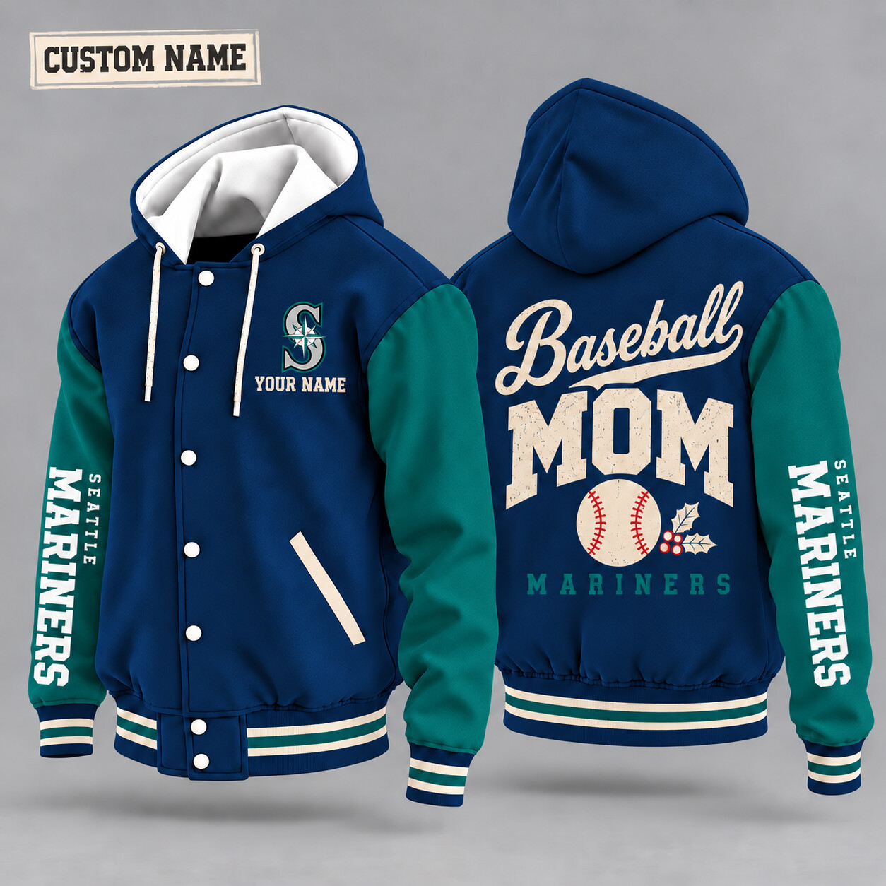 Seattle Mariners Baseball Mom Christmas Hooded Letterman Jacket Custom Name PWJU1Z
